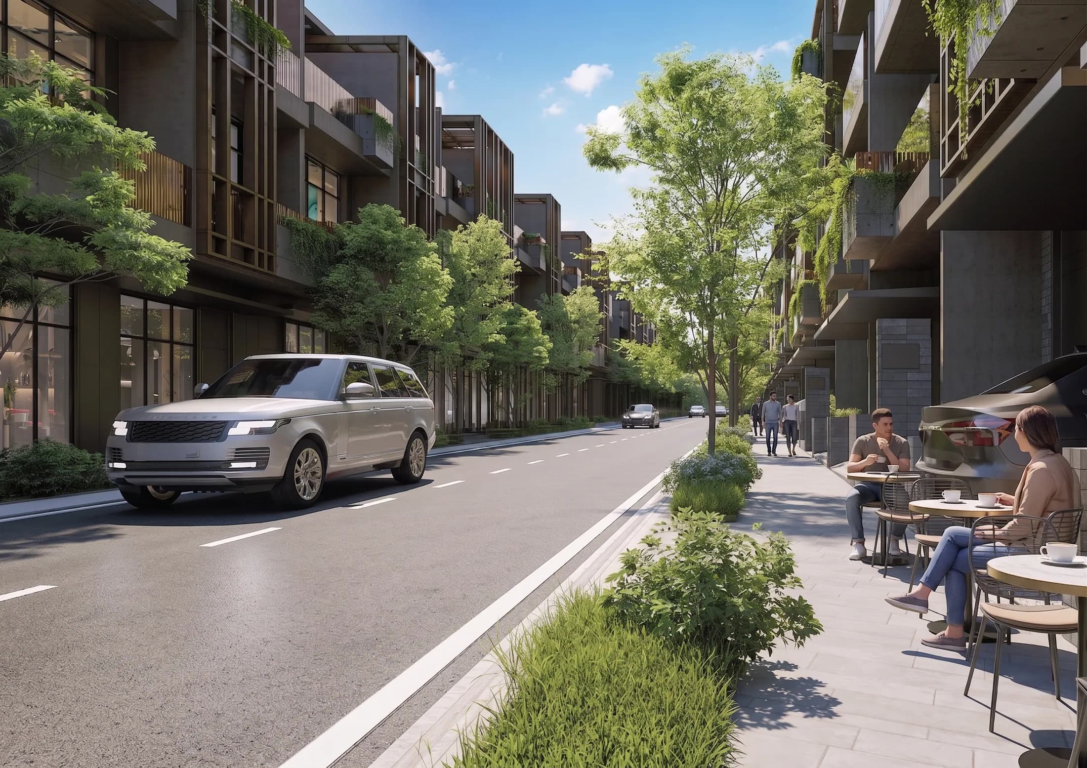 Phối cảnh tuyến phố shophouse rợp bóng cây với vỉa hè café ngoài trời tại dự án BMT Gateway