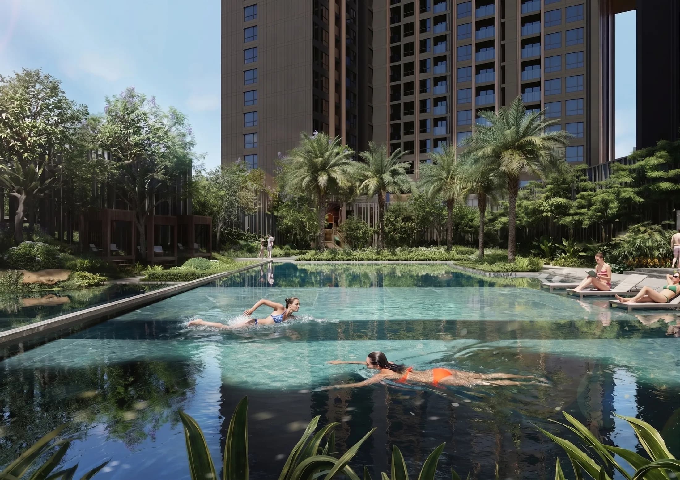 Hồ bơi phong cách resort giữa hàng dừa và cây xanh nhiệt đới của BMT Gateway